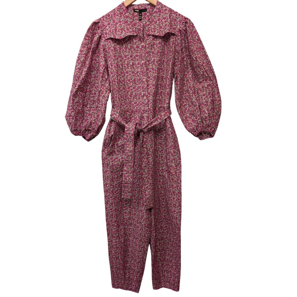 Maje Paicy Floral-Print Balloon-Sleeve Jumpsuit Tie Waist Embroidered Eyelet NWT - Picture 3 of 9